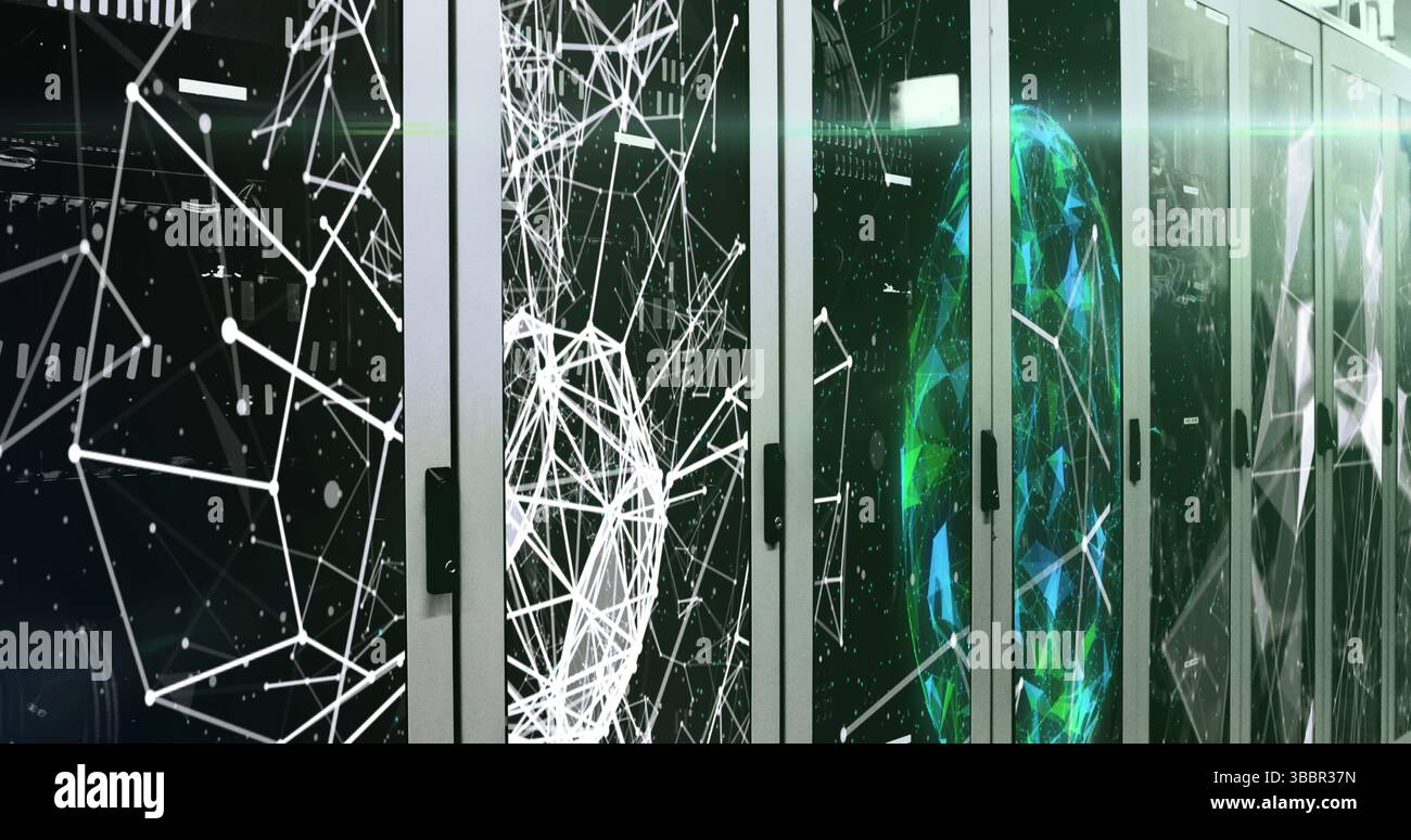 Displaying server rack glass door featuring illuminated network patterns in data center, with LEDs Stock Photo