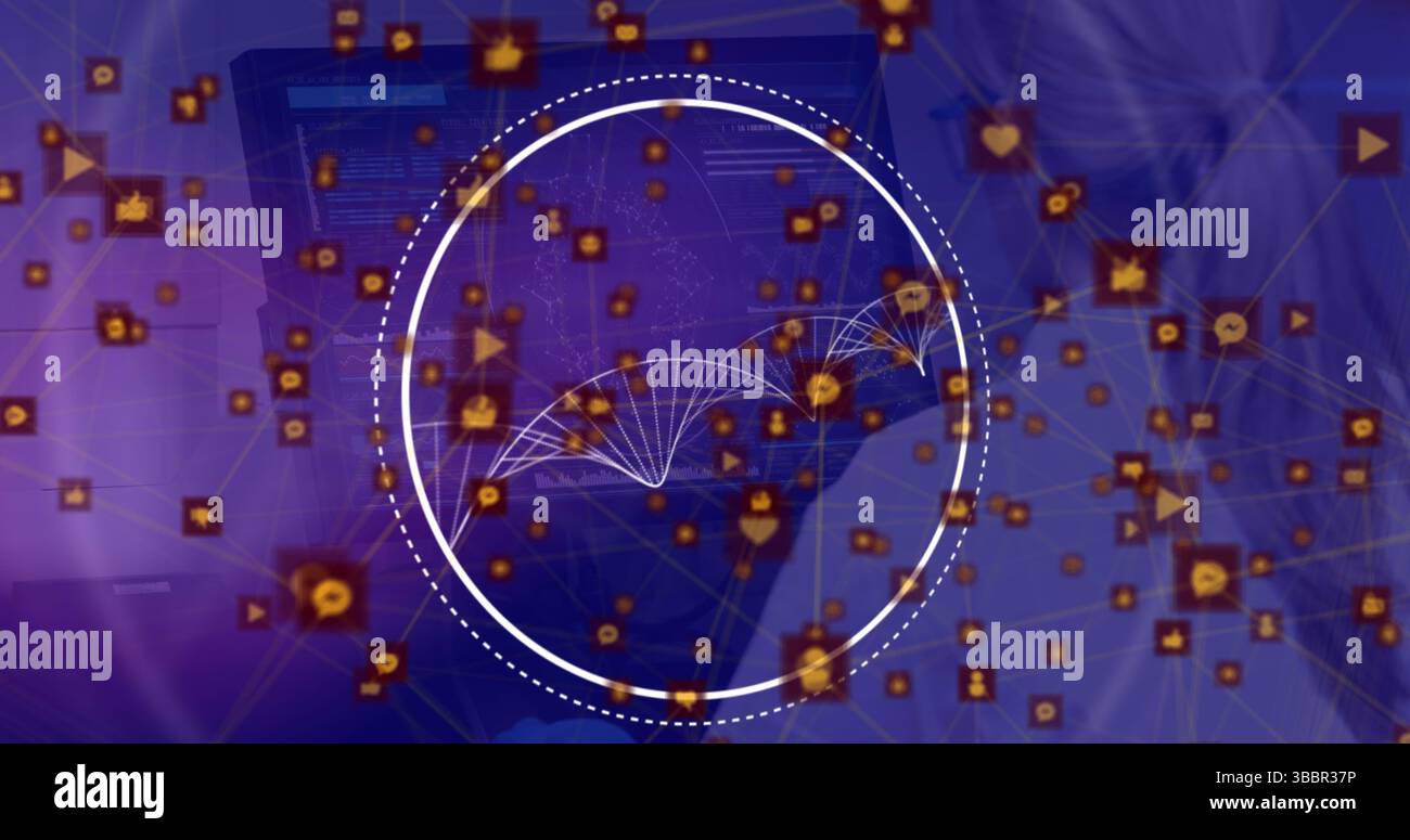 Image of data processing with dna strand over caucasian woman using computer Stock Photo