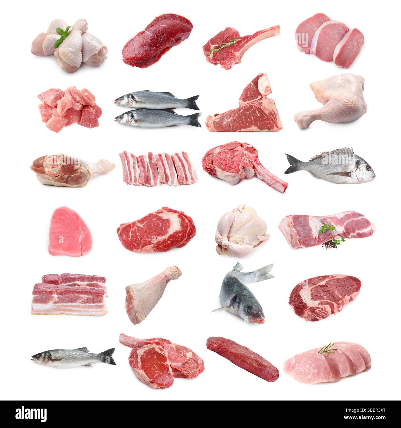 Fish and meat. Different fresh raw products on white background ...