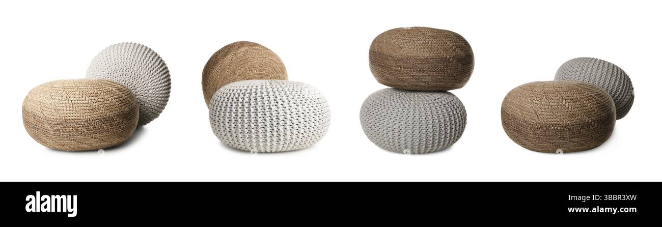 Different poufs isolated on white, collage. Interior element Stock Photo