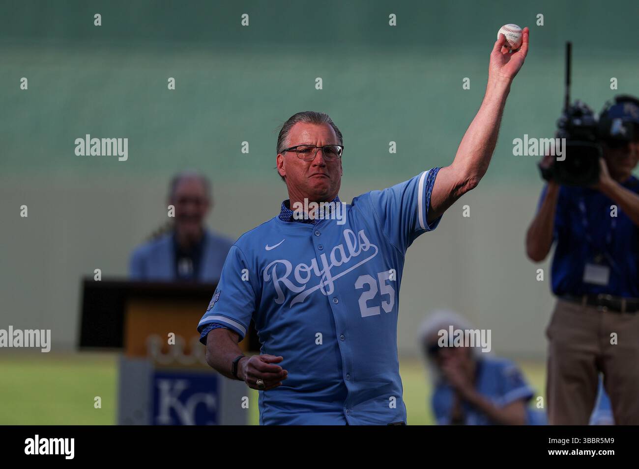 May 16, 2025: Former Kansas City Royals pitcher Danny Jackson throws out the ceremonial first pitch before a game between the Kansas City Royals and St. Louis Cardinals at Kauffman Stadium in Kansas City, MO. David Smith/CSM Stock Photo