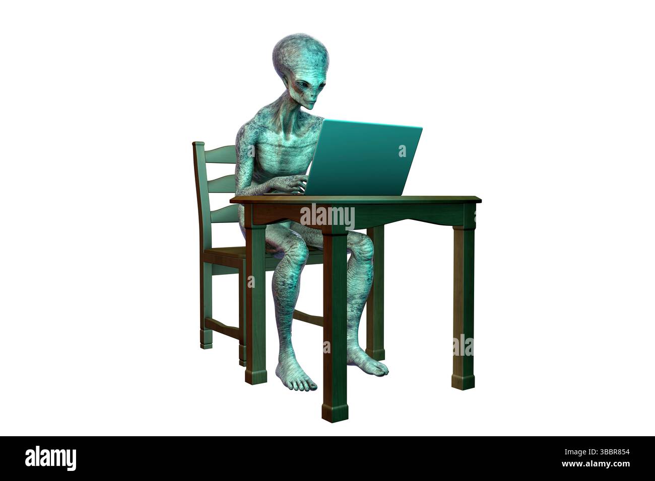 Illustration of a humanoid alien working on a laptop Stock Photo - Alamy