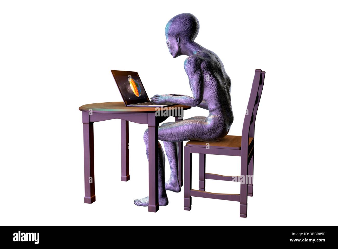 Illustration of a humanoid alien working on a laptop Stock Photo - Alamy
