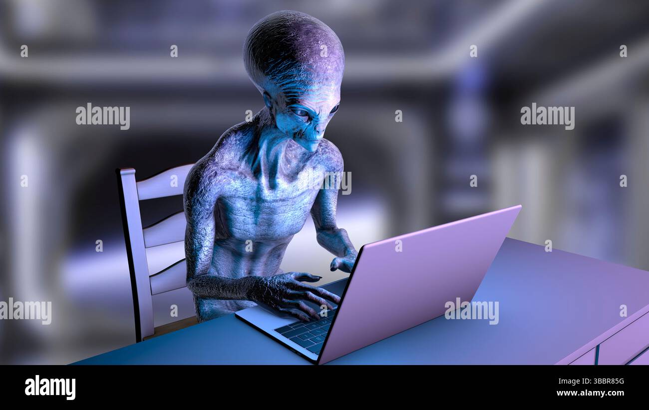 Illustration of a humanoid alien working on a laptop Stock Photo - Alamy