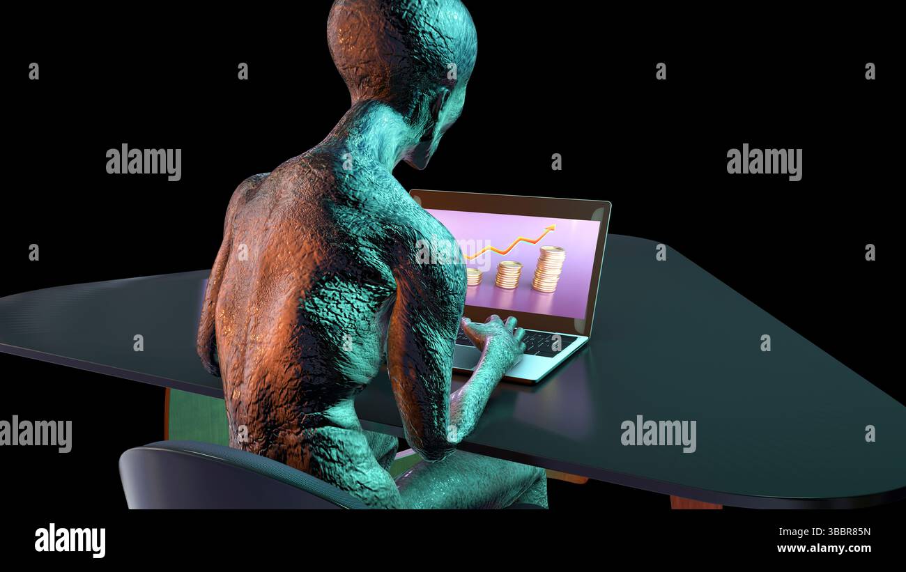 Illustration of a humanoid alien working on a laptop Stock Photo - Alamy
