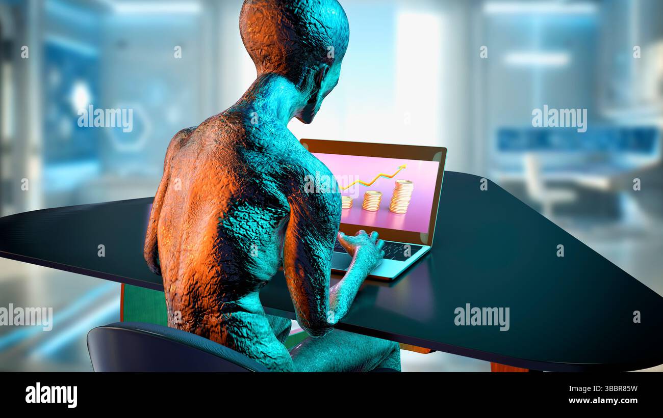 Illustration of a humanoid alien working on a laptop Stock Photo - Alamy