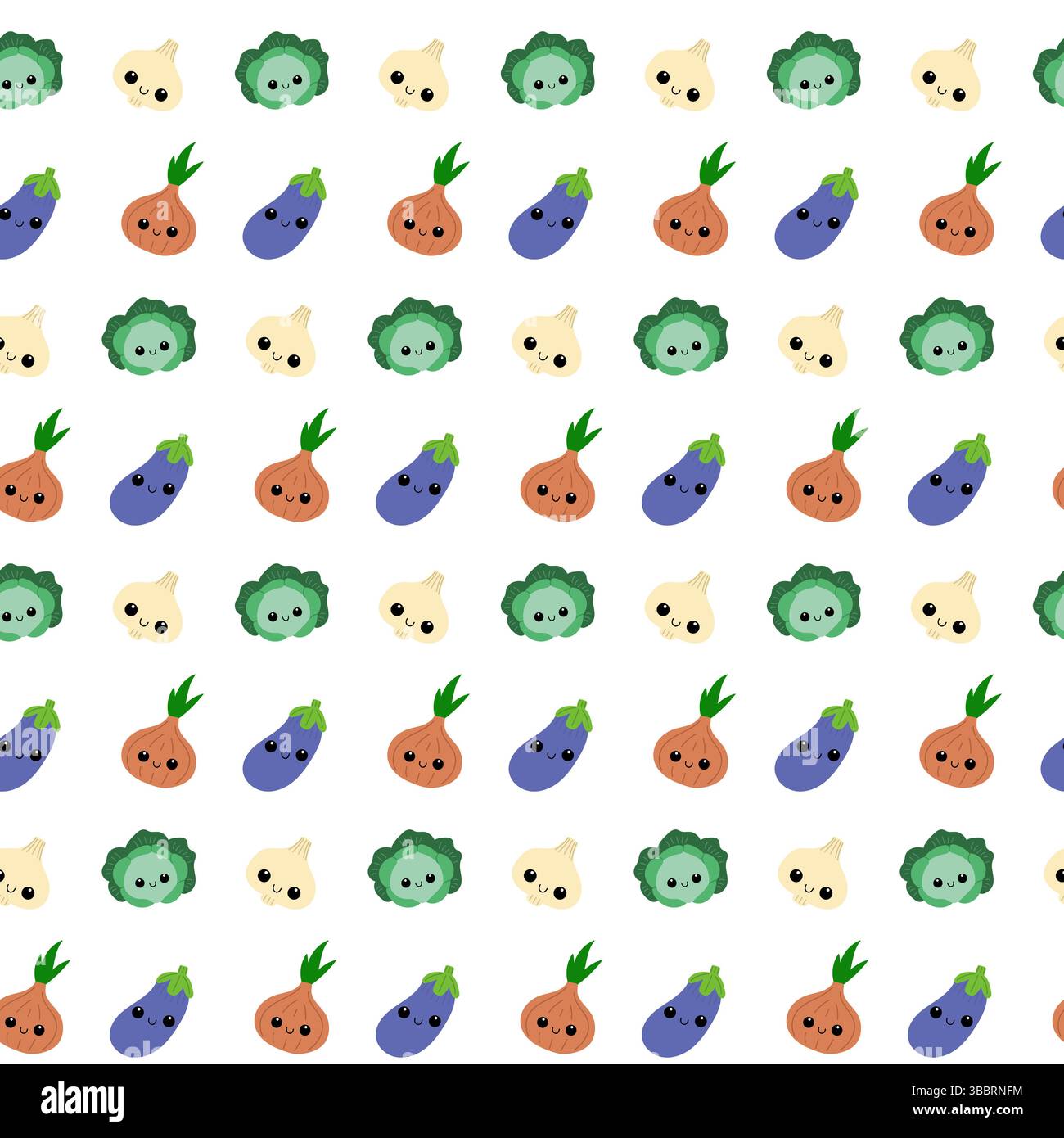 Vegetables seamless pattern. Cute kawaii veggies. Smiling faces. Stock Vector