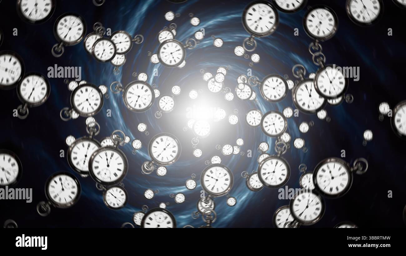 Abstract spiral of the universe swirling inward with clocks of varying ...