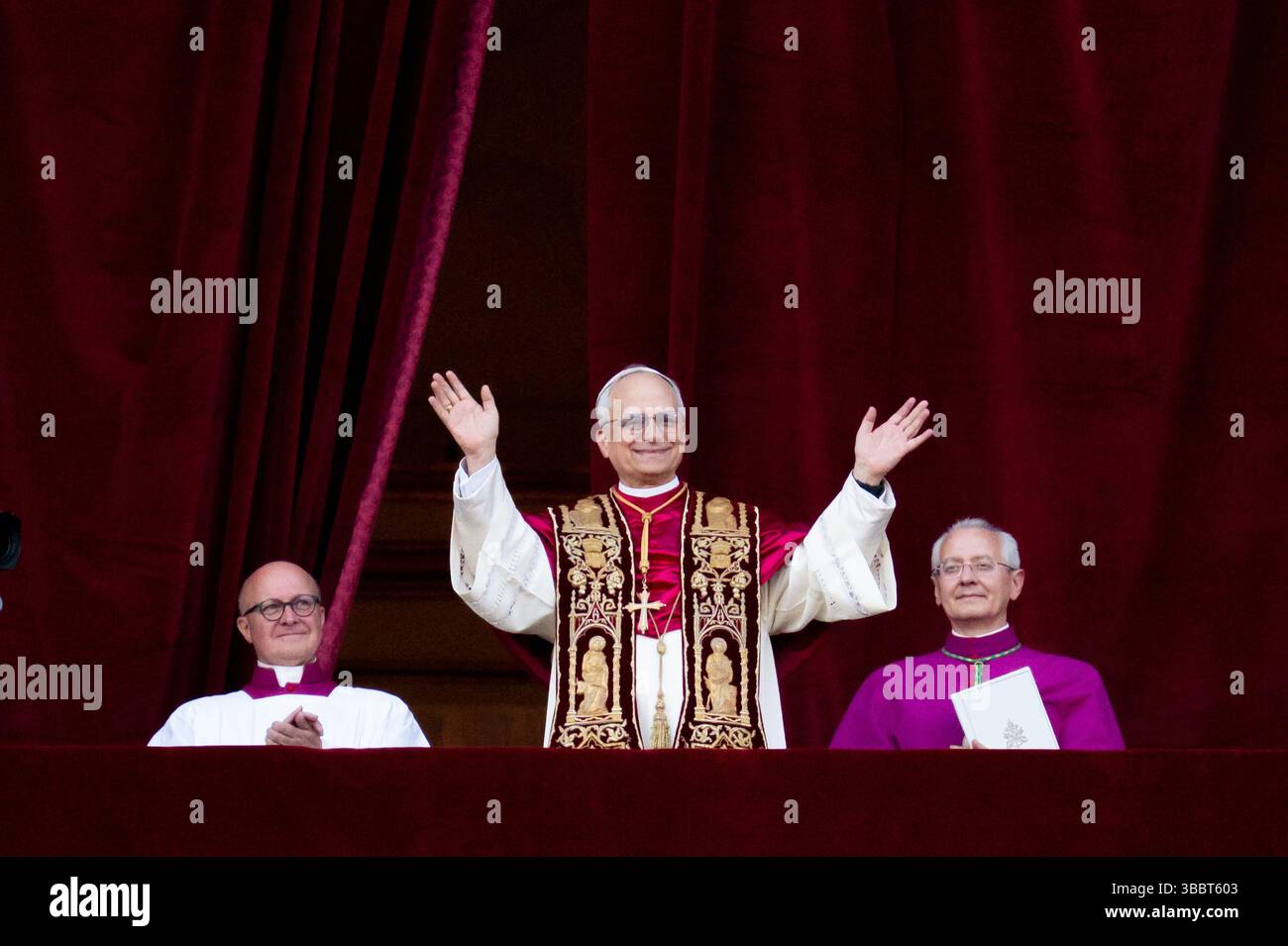 Newly elected Pope Leo XIV, Robert Prevost, arrives on the main central loggia balcony of St. Peter's Basilica, Vatican, on May 8, 2025. Stock Photo