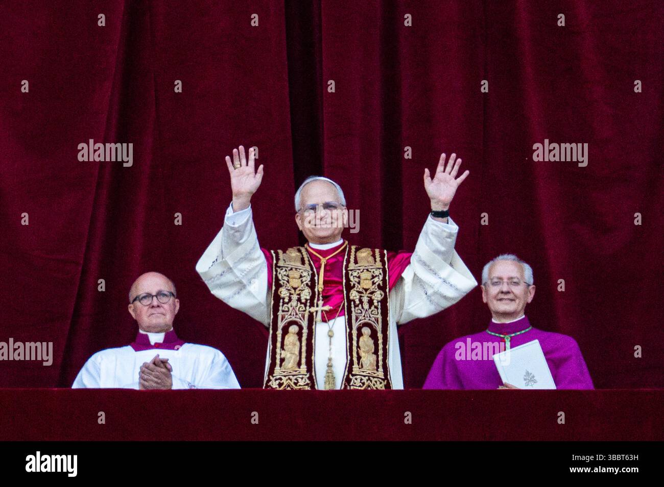 Newly elected Pope Leo XIV, Robert Prevost, arrives on the main central loggia balcony of St. Peter's Basilica, Vatican, on May 8, 2025. Stock Photo