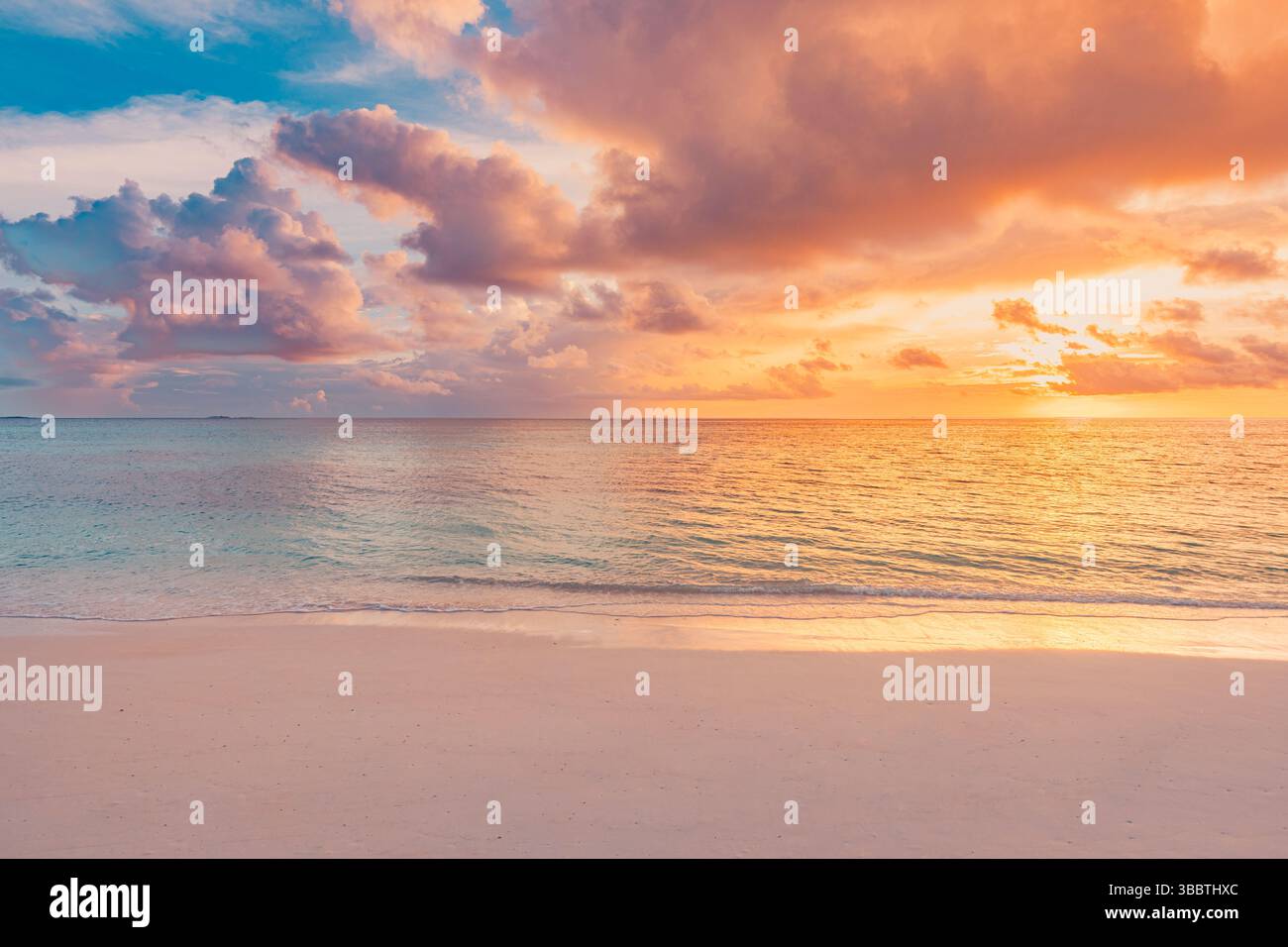 Tranquil sunset beach closeup with soft sand gentle sea waves and ...