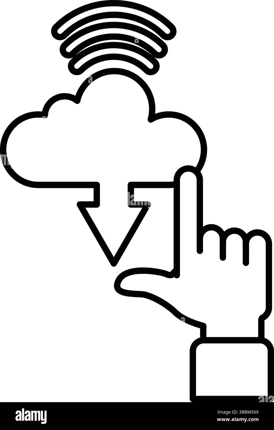 A cloud with a downward arrow pointing to it. Concept of downloading something Stock Vector