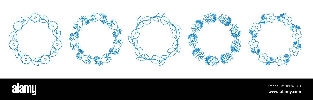 Fruit frame set. Round wreath, fruit border. Fruit icons. Blue hand drawn fruit frame. Stock Vector