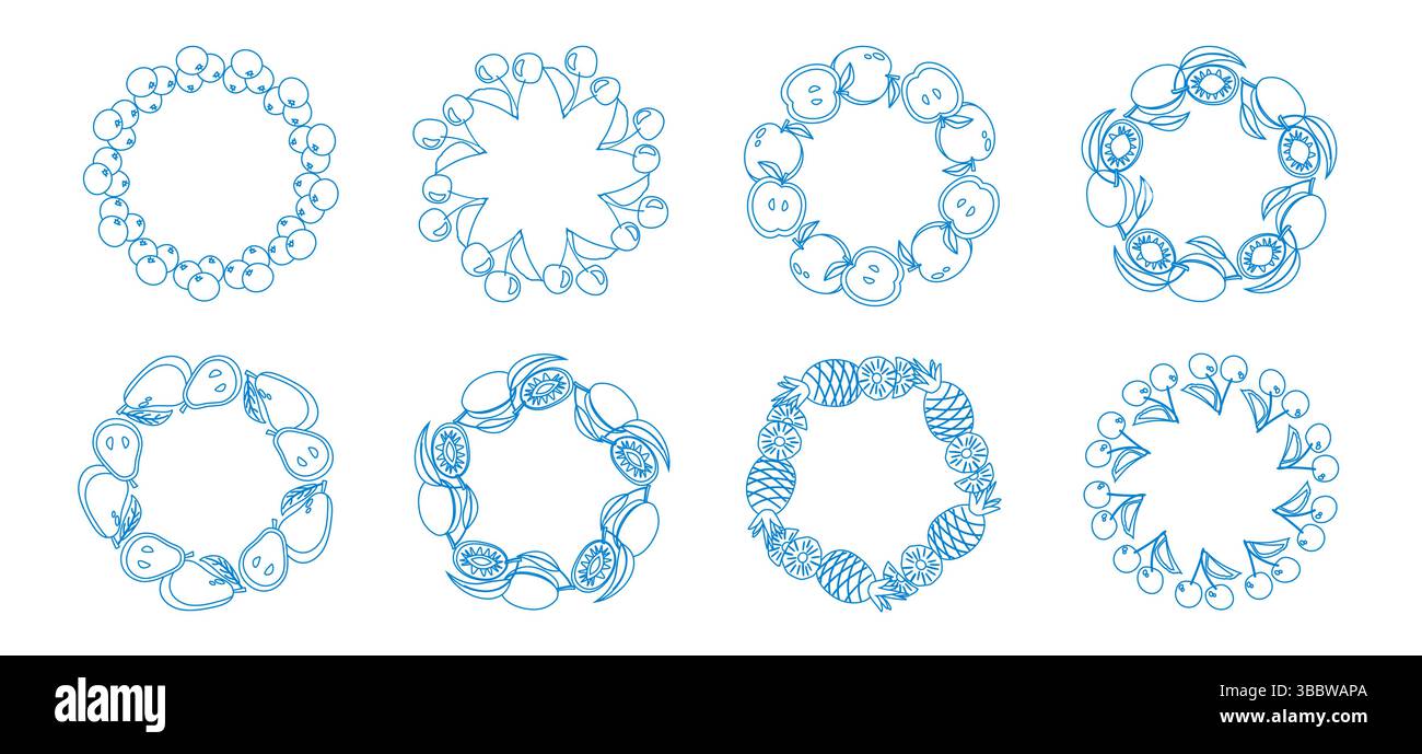 Fruit frame set. Round wreath, fruit border. Fruit icons. Blue hand drawn fruit frame. Stock Vector