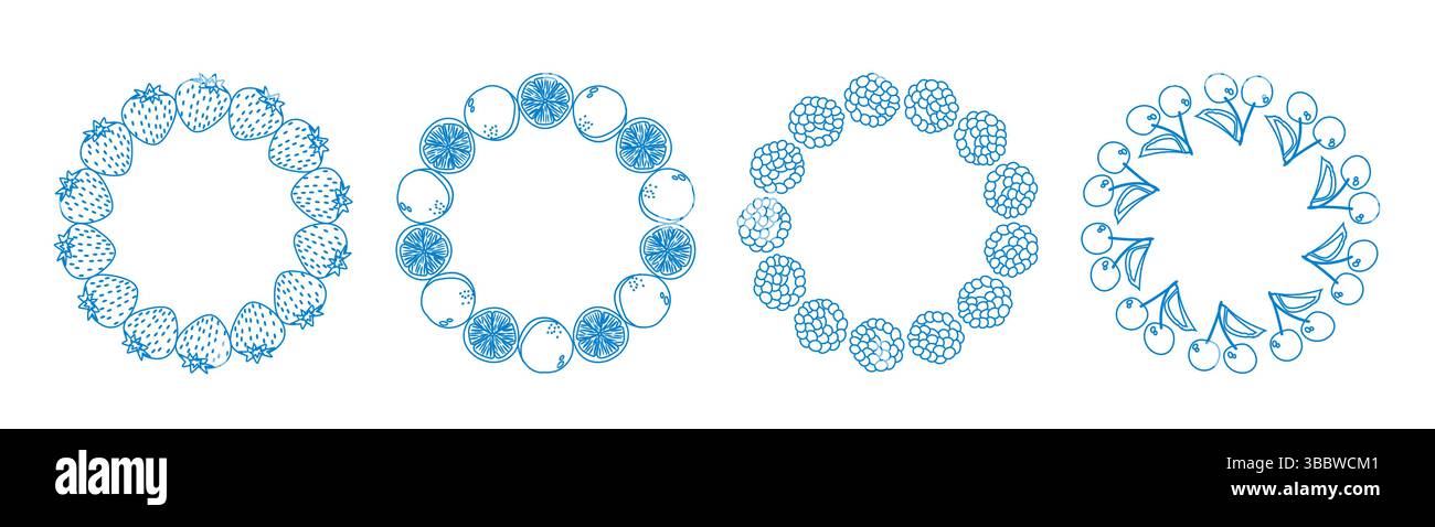 Fruit frame set. Round wreath, fruit border. Fruit icons. Blue hand drawn fruit frame. Stock Vector