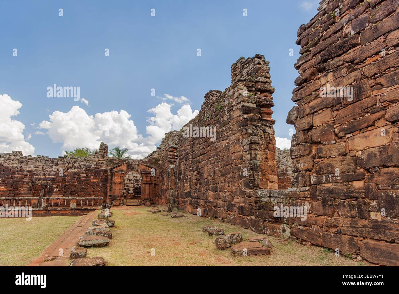Stone walls at the ruins of San Ignacio in Misiones, Argentina. Stock Photo