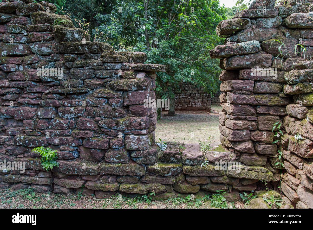 Stone walls at the ruins of San Ignacio in Misiones, Argentina. Stock Photo