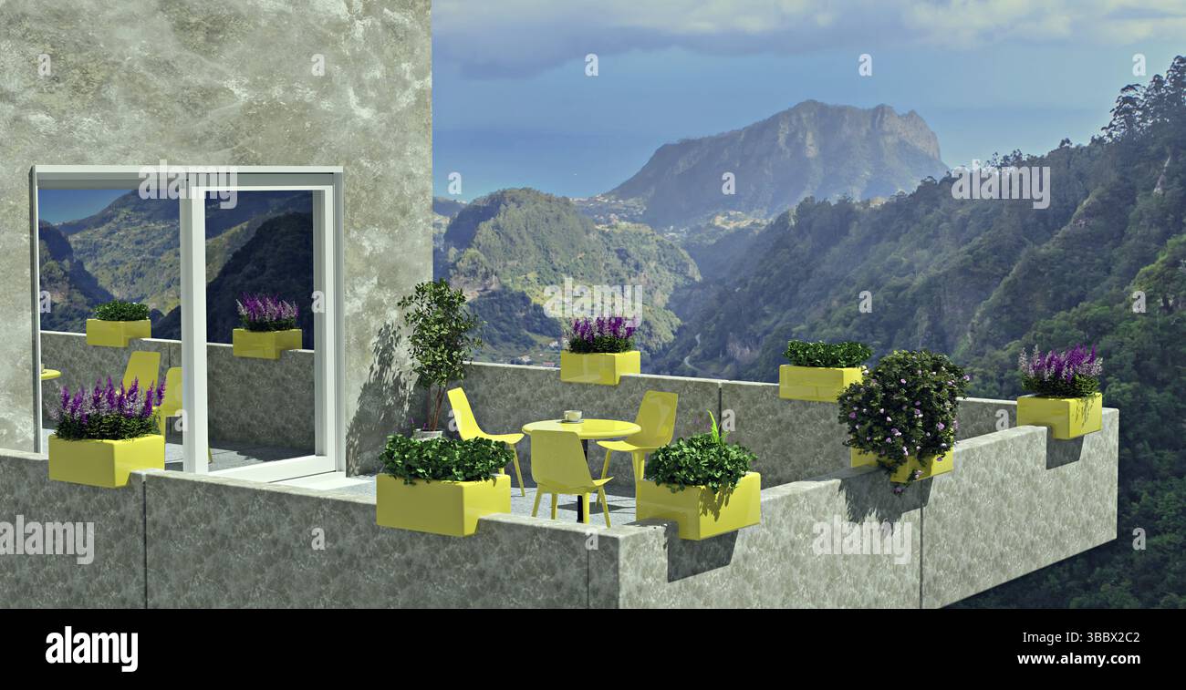 A sunny balcony with beautiful view of the mountains Stock Photo