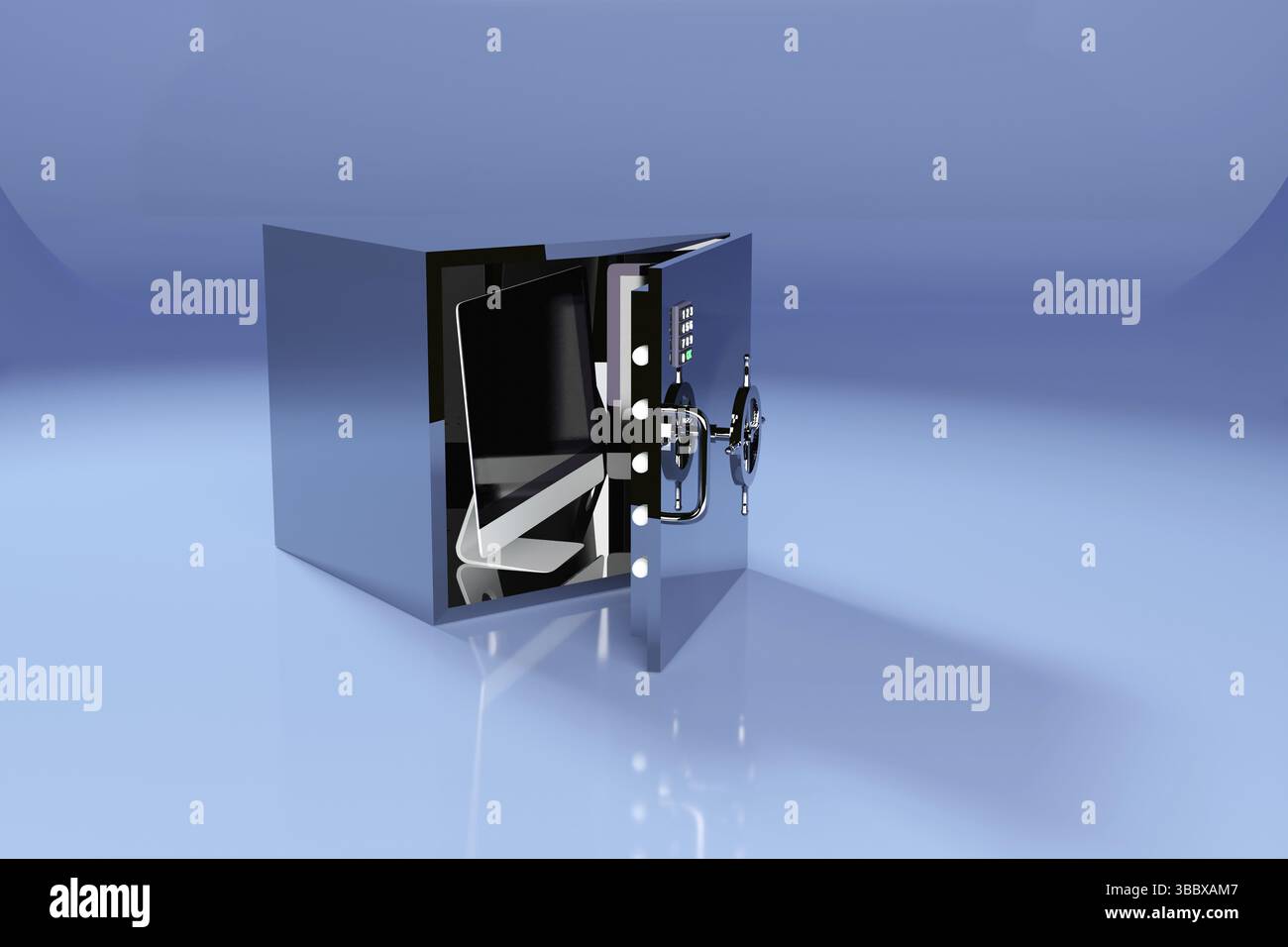 3D illustration with unclosed safe or vault with a computer Stock Photo