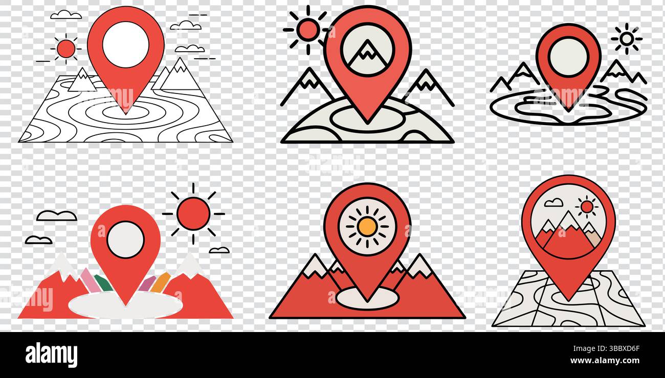 Red map pin icons with mountains, sun, and maps, isolated on ...