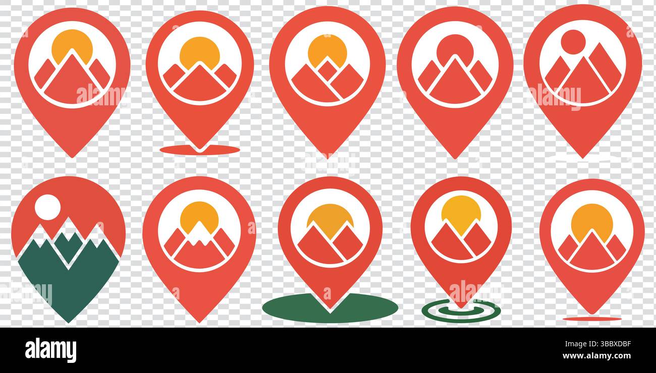 Collection of map pin icons with mountain symbols for location and ...