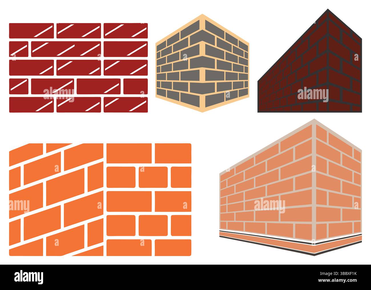 Set of brick wall elements in different perspectives. Vector illustration of red and orange brickwork patterns, including flat, isometric corner, and Stock Vector