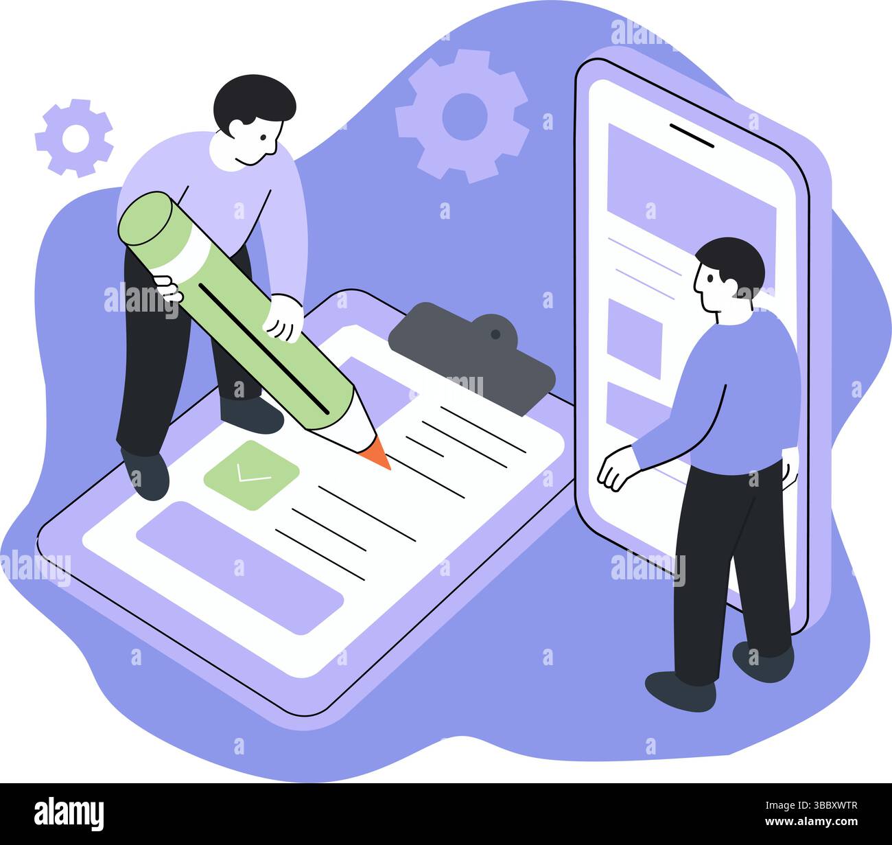 Teamwork Filling Checklist on Mobile Device – Flat Abstract Illustration. Bug Menegment Stock Vector