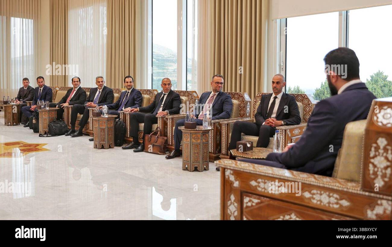 Syrian President Ahmad al-Sharaa receives a delegation of Kuwaiti businessmen and investors headed by Bader Nasser al-Kharafi Syrian President, Ahmad Al-Sharaa, receives a delegation of Kuwaiti businessmen and investors headed by, Bader Nasser Al-Kharaf,i at the People s Palace in Damascus, Syria, on May 16. Photo by Syrian Arab News Agency SANA  apaimages Syria Syria Syrian Arab Republic 160525 Syria SPO 003 Copyright: xapaimagesxSyrianxArabxNewsxAgencyx SANA xxapaimagesx Stock Photo