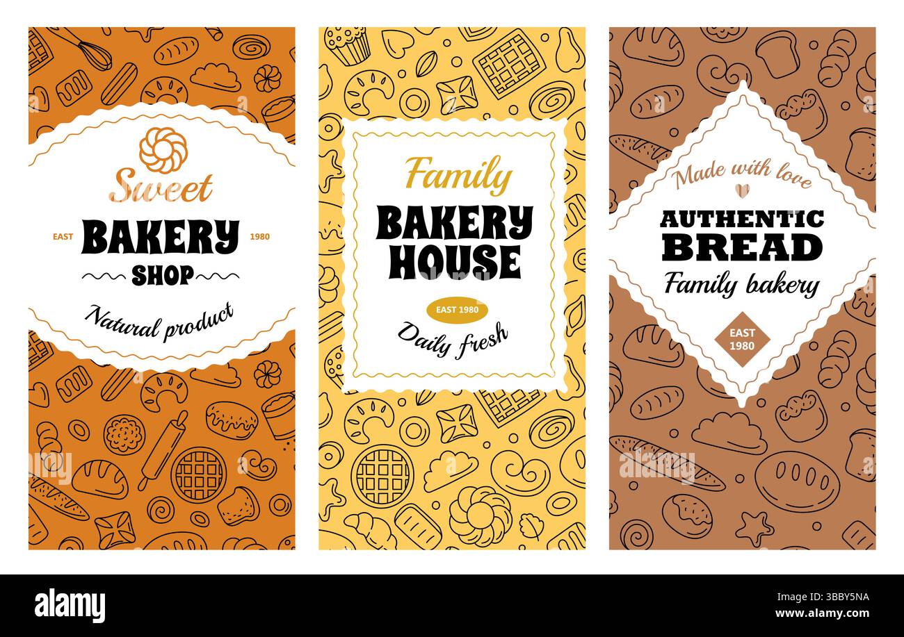 Bakery label. Baked bread logo design, product stickers with backed ...