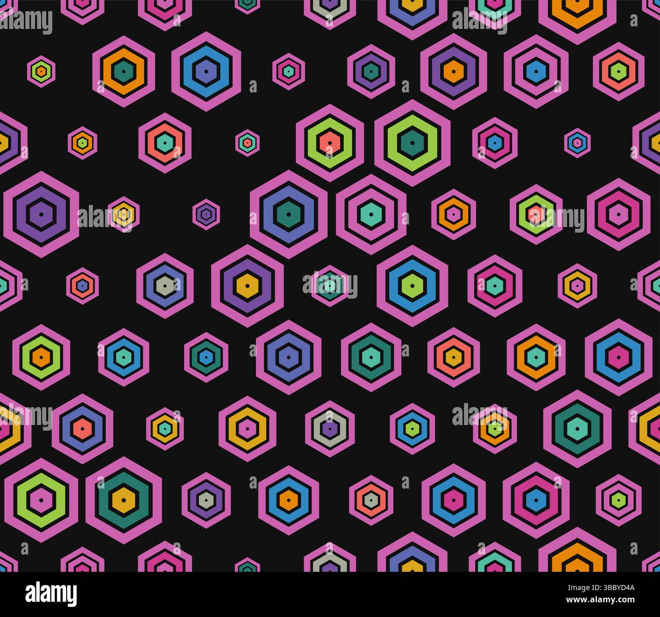 Hexagon pattern geometric design. Multicolored geometric elements of varied sizes. Plain hexagon frames. Honeycomb cells. Tileable pattern. Stock Vector
