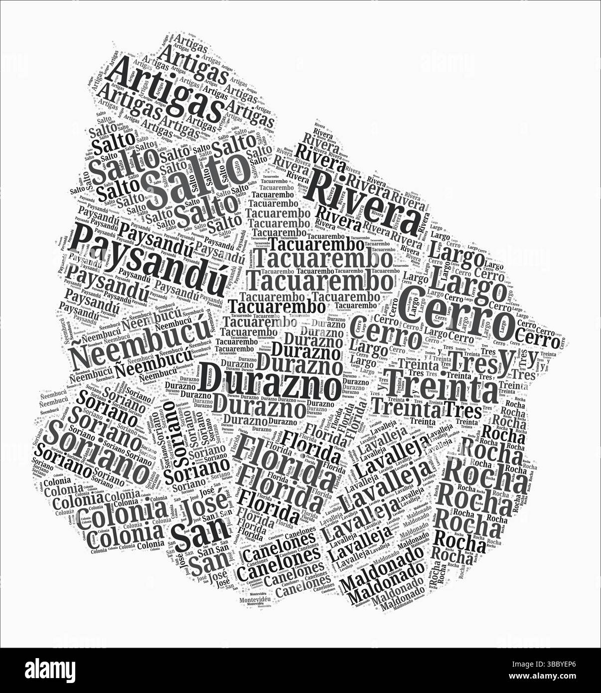 Uruguay Text Style Regions. Country region names word clouds in Spanish language. Amazing vector illustration. Stock Vector
