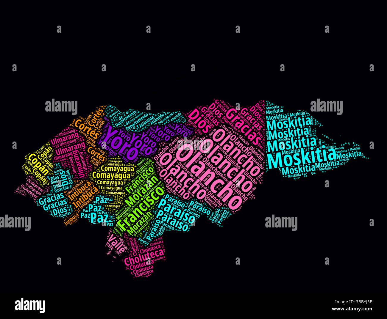 Honduras word cloud. Region names of the country in Spanish language. Bright neon style design on dark background. Stock Vector