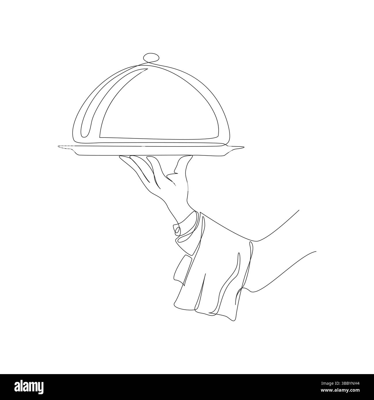 One line continuous waiter with tray closed lid restaurant concept Stock Vector
