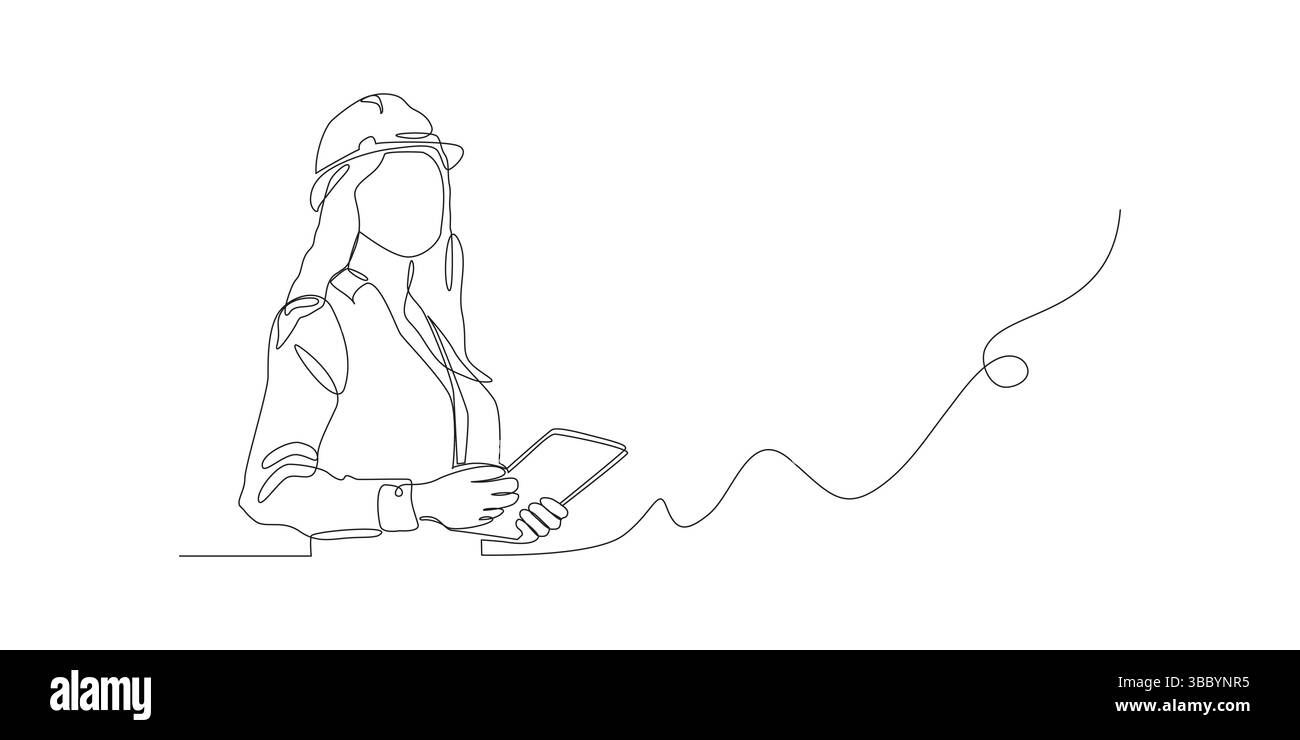 Female construction worker Continuous line style Hand drawn One line Logo design Stock Vector