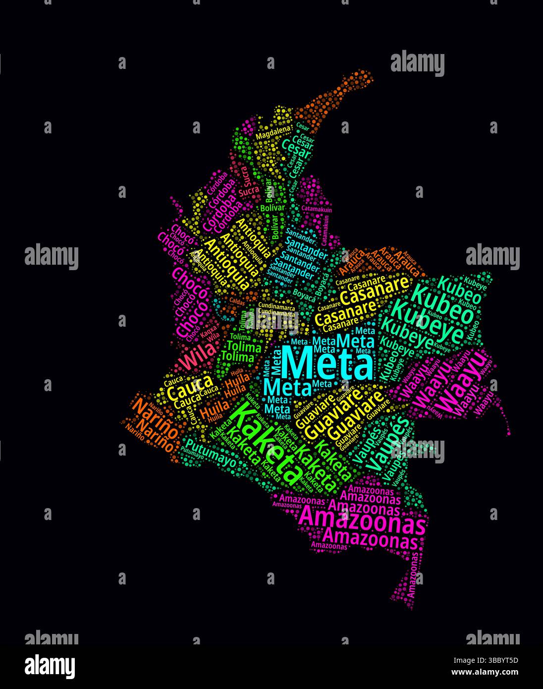 Colombia Word Cloud. Region names of the country in Spanish language. Bright neon style design on dark background. Stock Vector