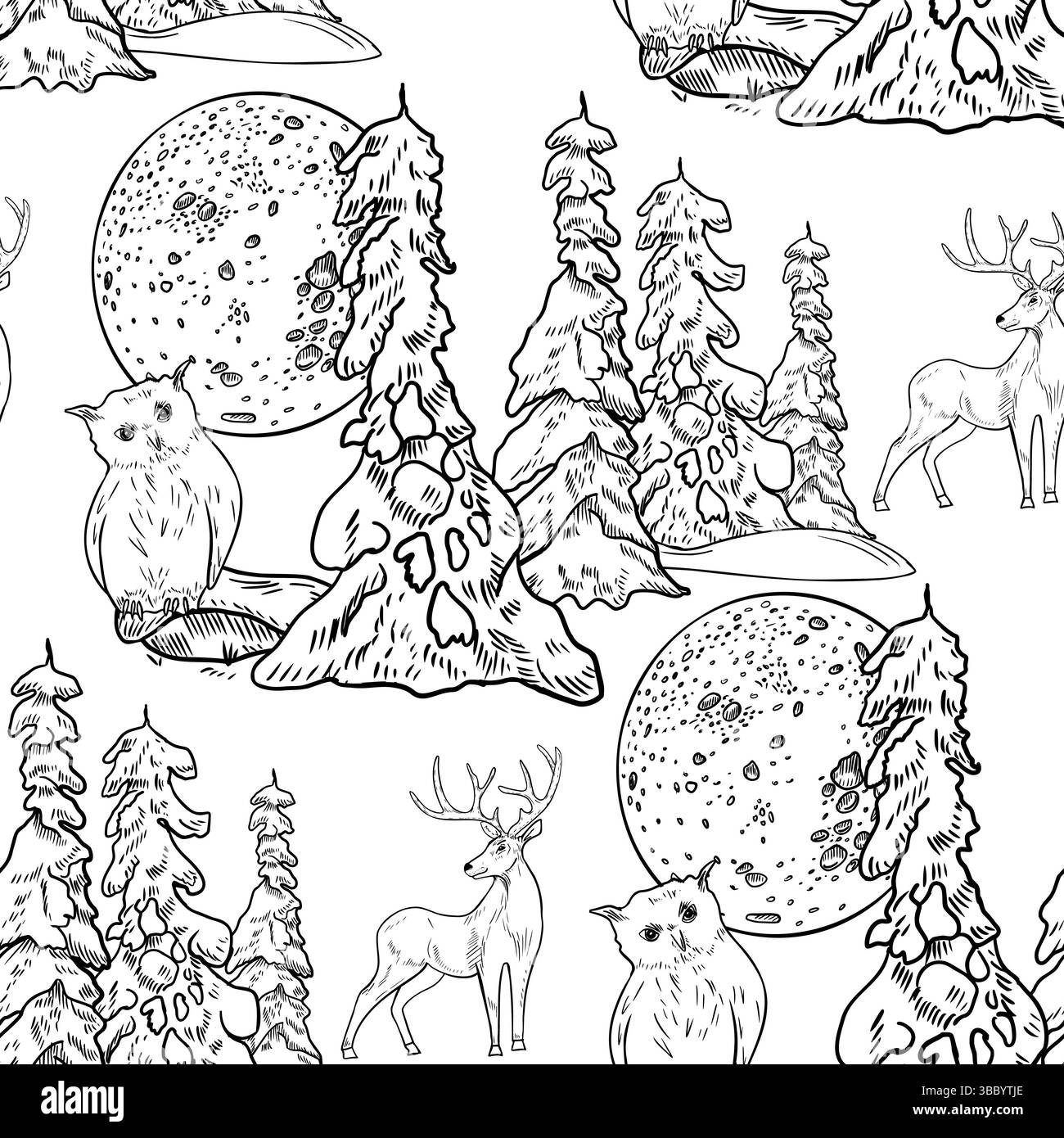 Seamless pattern with owl, deer, and snow covered tree under moon hand drawn black white outline vector background. Monochrome winter forest scene for Stock Vector
