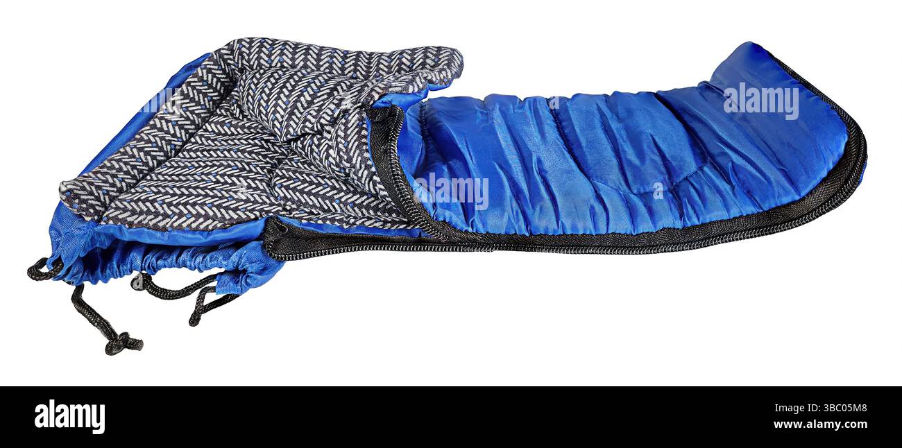 A blue sleeping bag for sleeping outdoors Stock Photo