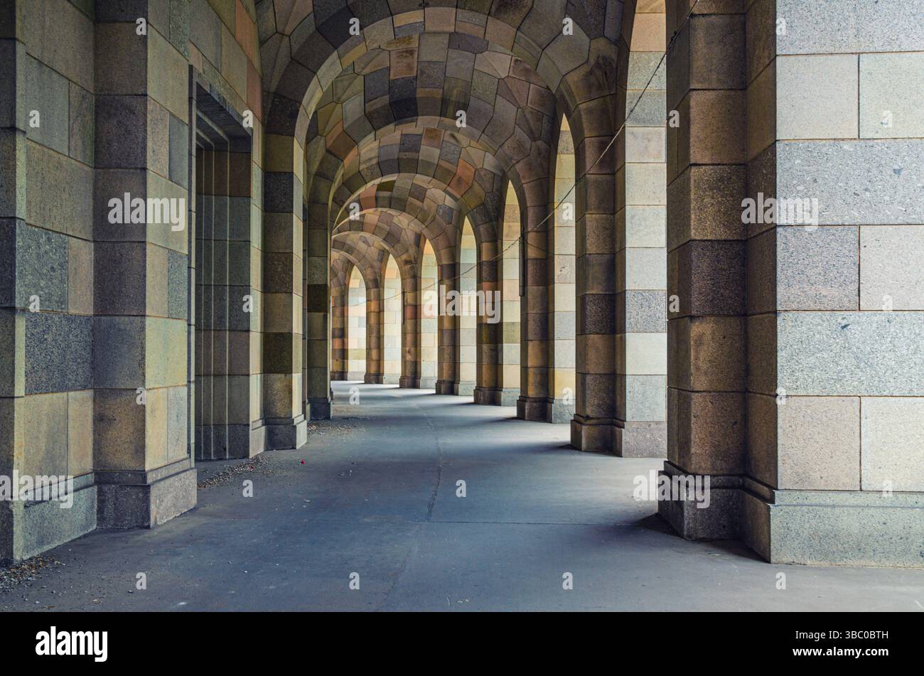 Arcade corridor archways gallery way around Congress Hall Kongresshalle building Documentation Center in Nuremberg city, Middle Franconia region, Bava Stock Photo