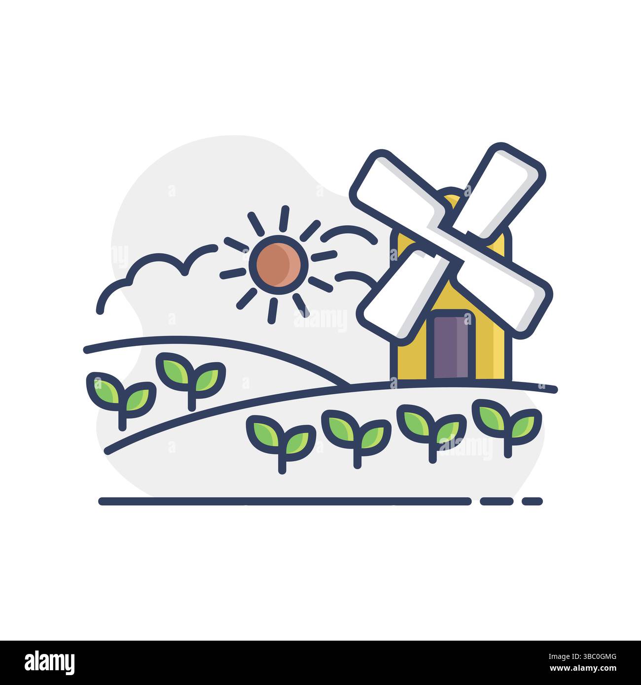 Rural landscape with windmill isolated icon. Agriculture sign. Graph ...