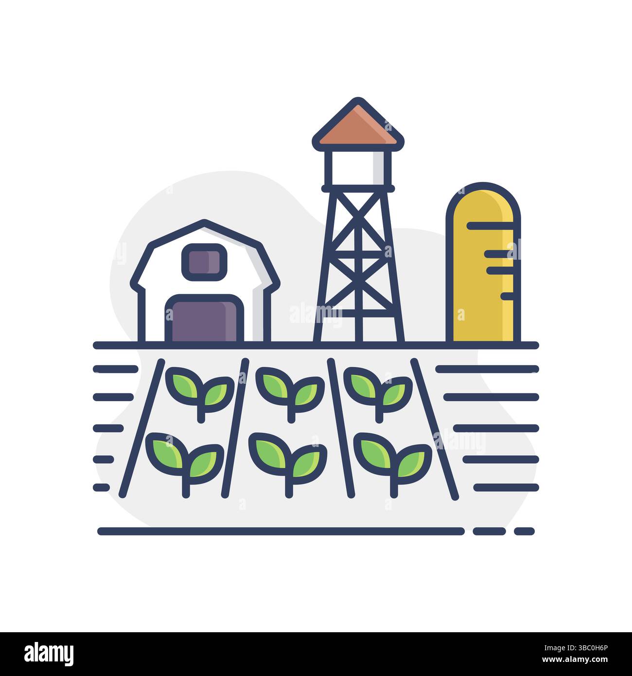 Farm landscape with barn, windpump, seedling and water tower vector ...