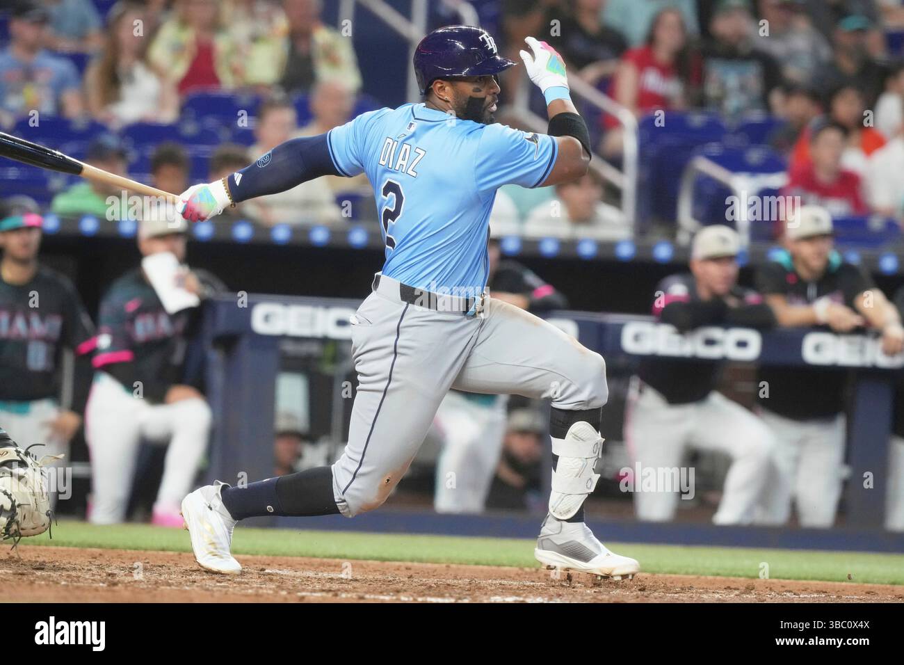 Tampa Bay Rays first base Yandy Díaz (2) hits a single to center field ...