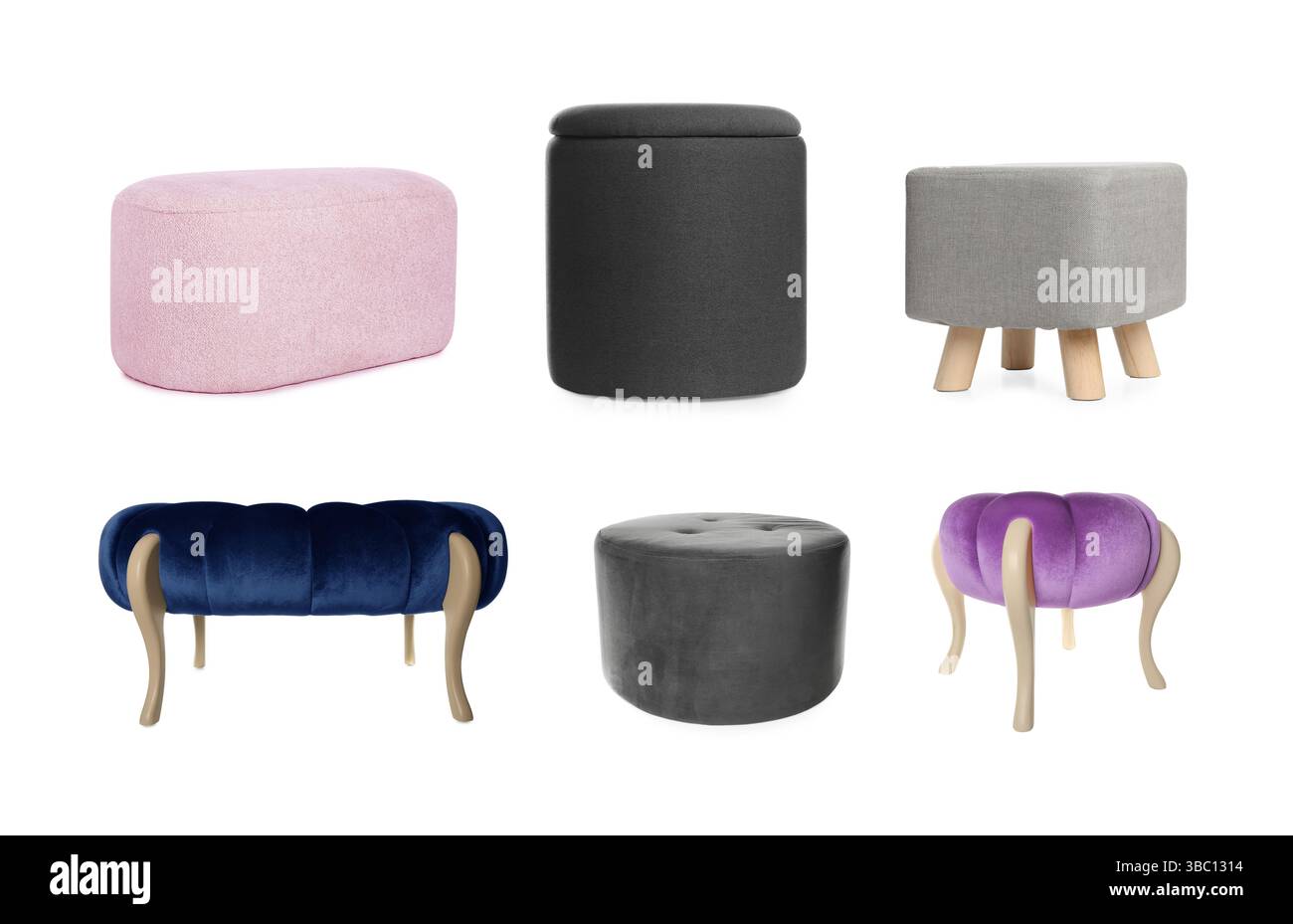 Different poufs isolated on white, collage. Interior element Stock Photo