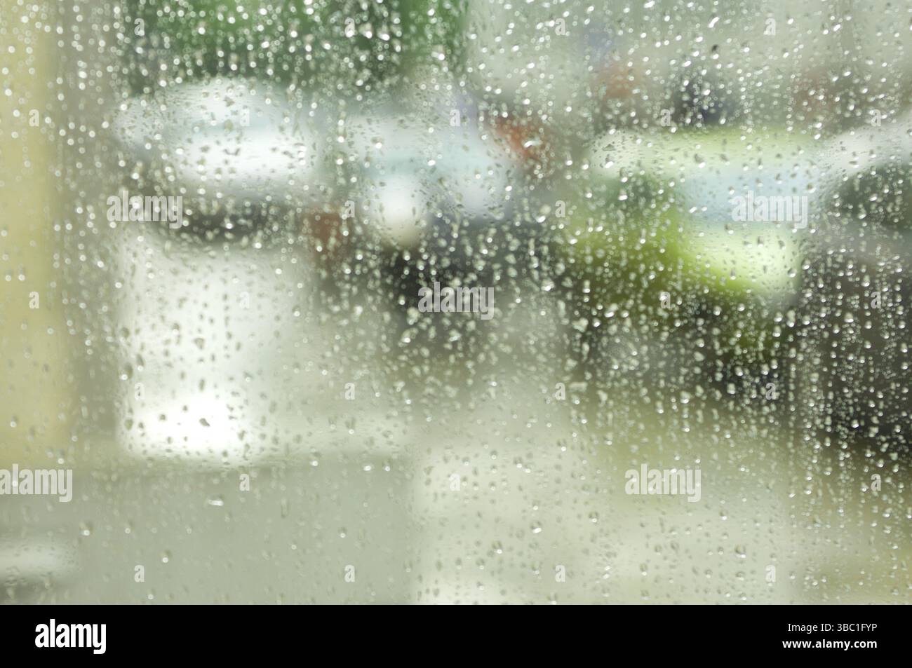 Blurred raindrops on a window pane Stock Photo
