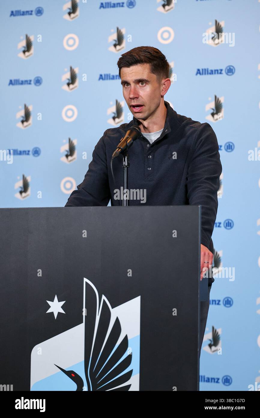 May 17th, 2025: Minnesota United head coach Eric Ramsay speaks in a ...