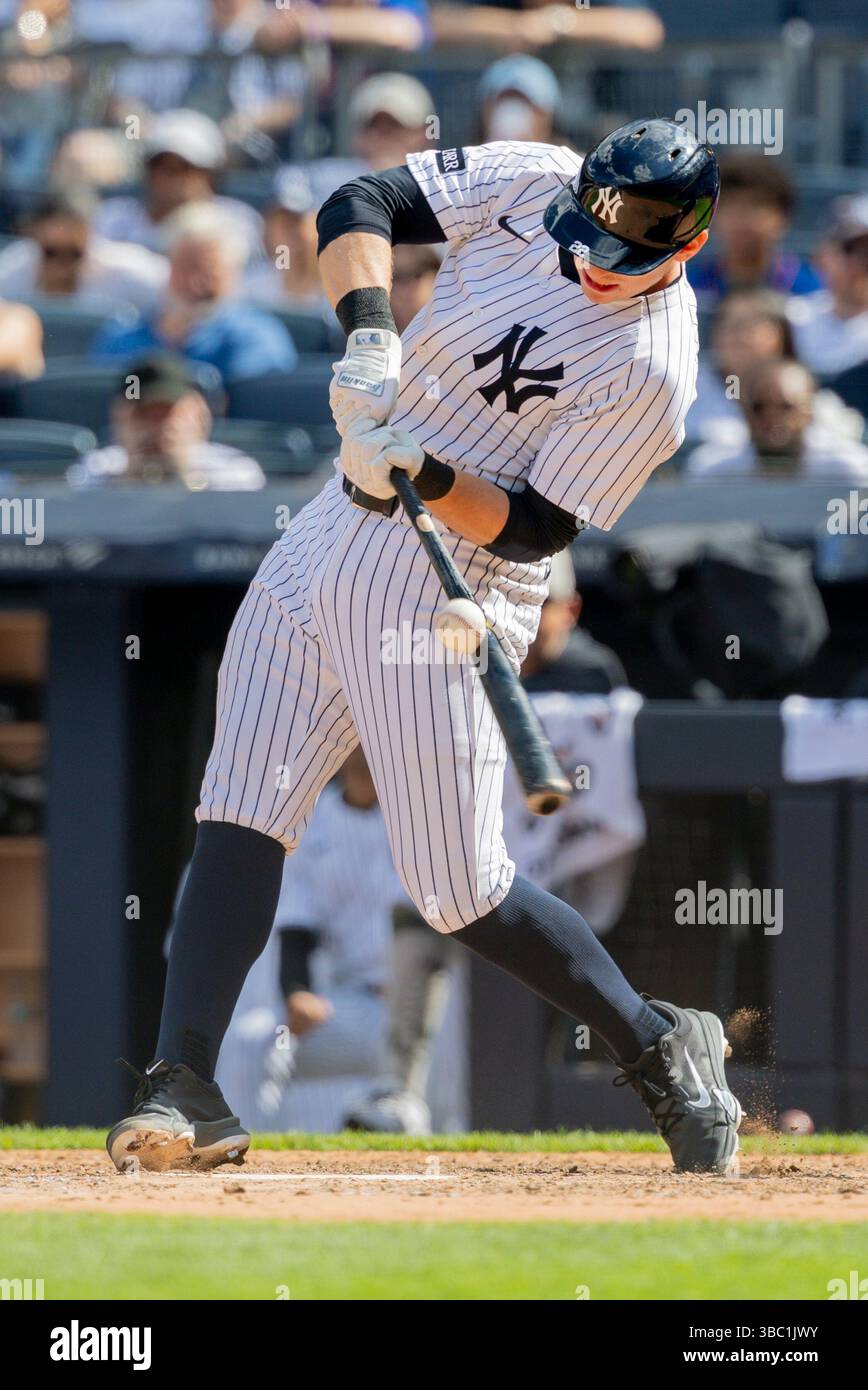 BRONX, NY - MAY 17: New York Yankees first base Ben Rice (22) drives ...