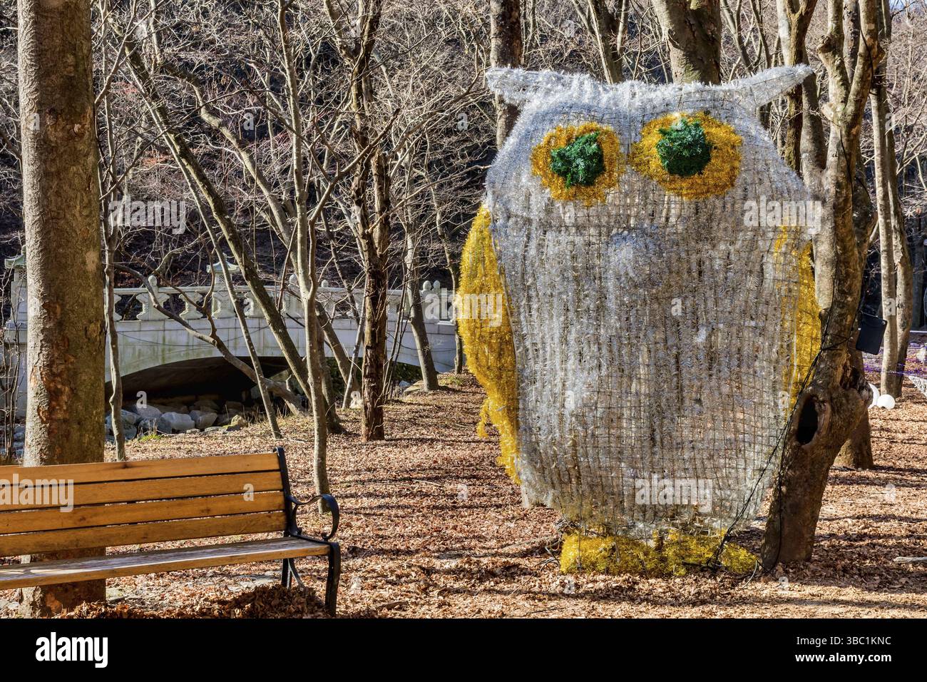 Sunchang-gun, South Korea. December 8, 2020: Large owl made of shinny Christmas stencil and lights at Naejangsa National Park Stock Photo