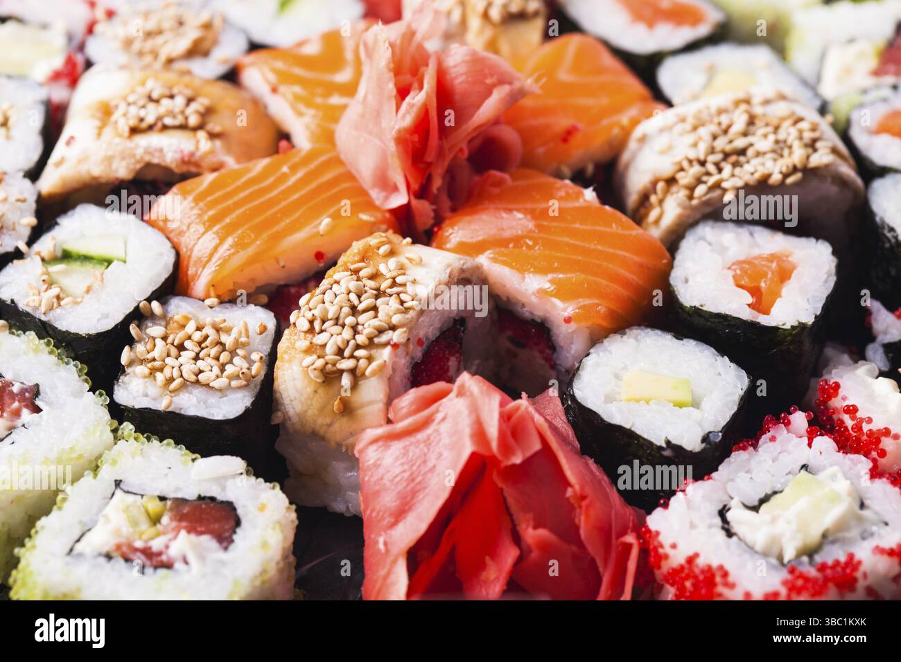 Japanese Cuisine - different types of sushi rolls close up Stock Photo
