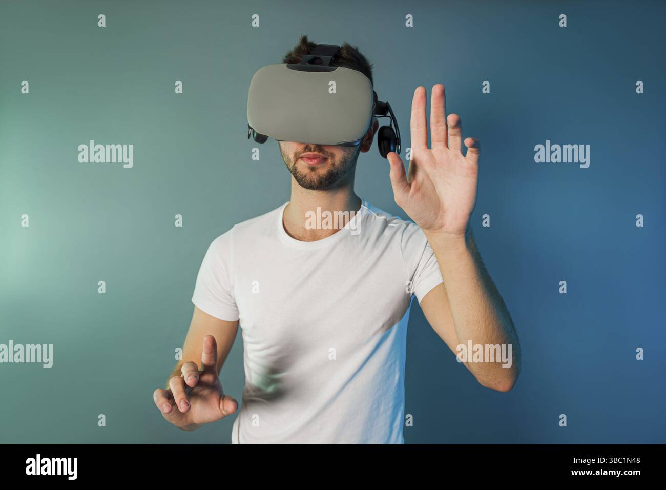 Man using virtual reality glasses for virtual shopping. Augmented reality Stock Photo