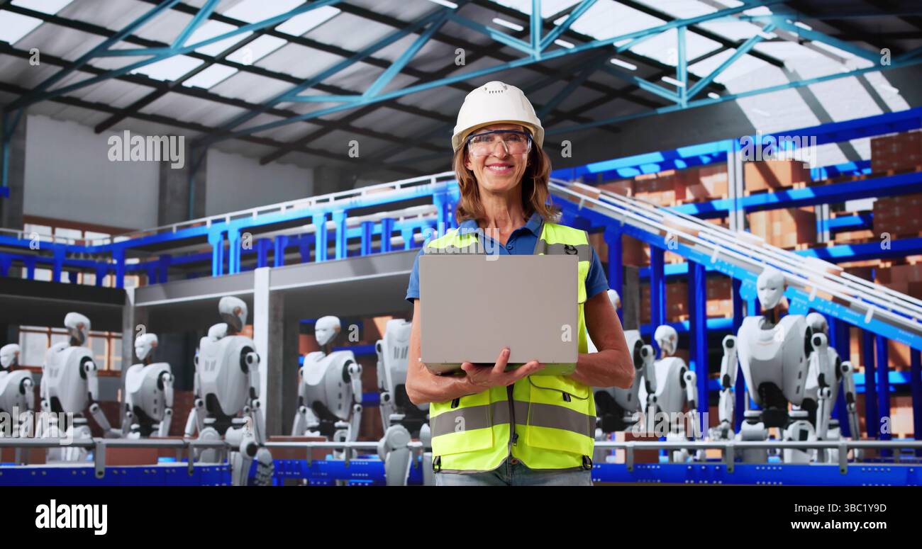 Innovative Woman Engineers Creating Virtual Reality Software For Warehouse Automation. Stock Photo