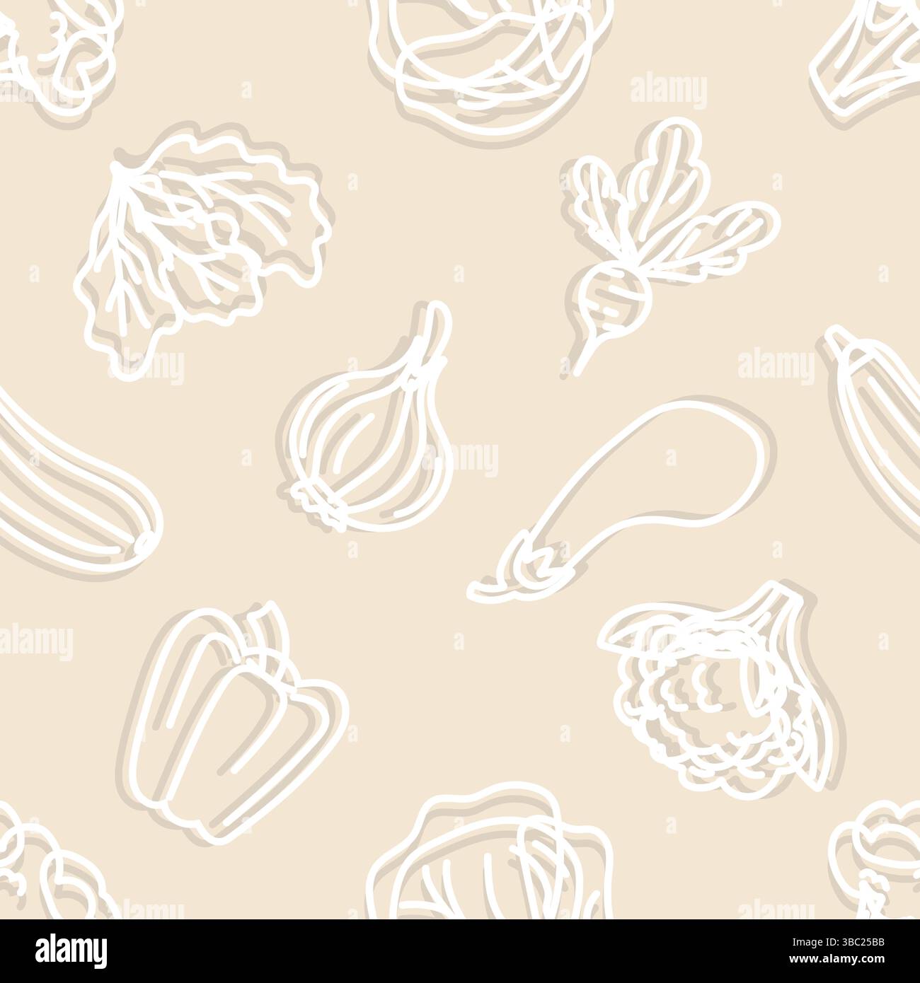 White outline vegetable pattern on beige background Stock Vector